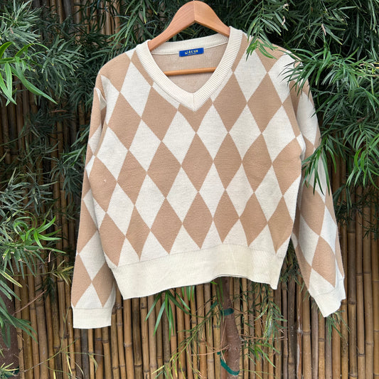 1990s Beige Diamond V-neck Sweater | Nacho US Women's S