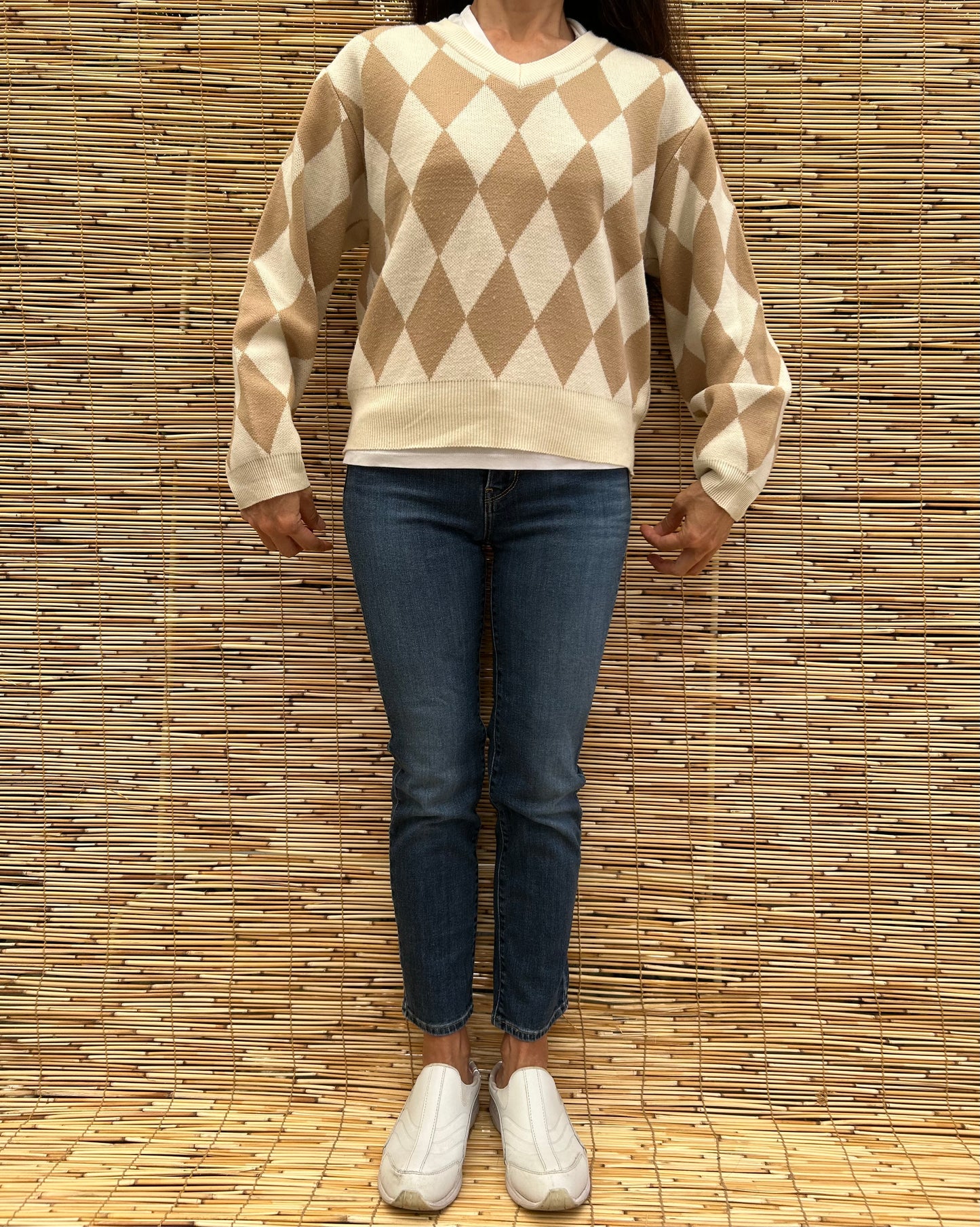 1990s Beige Diamond V-neck Sweater | Nacho US Women's S