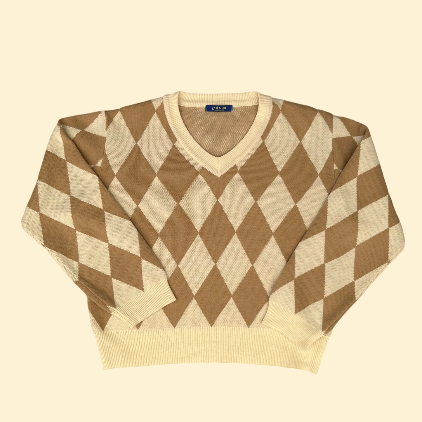 1990s Beige Diamond V-neck Sweater | Nacho US Women's S